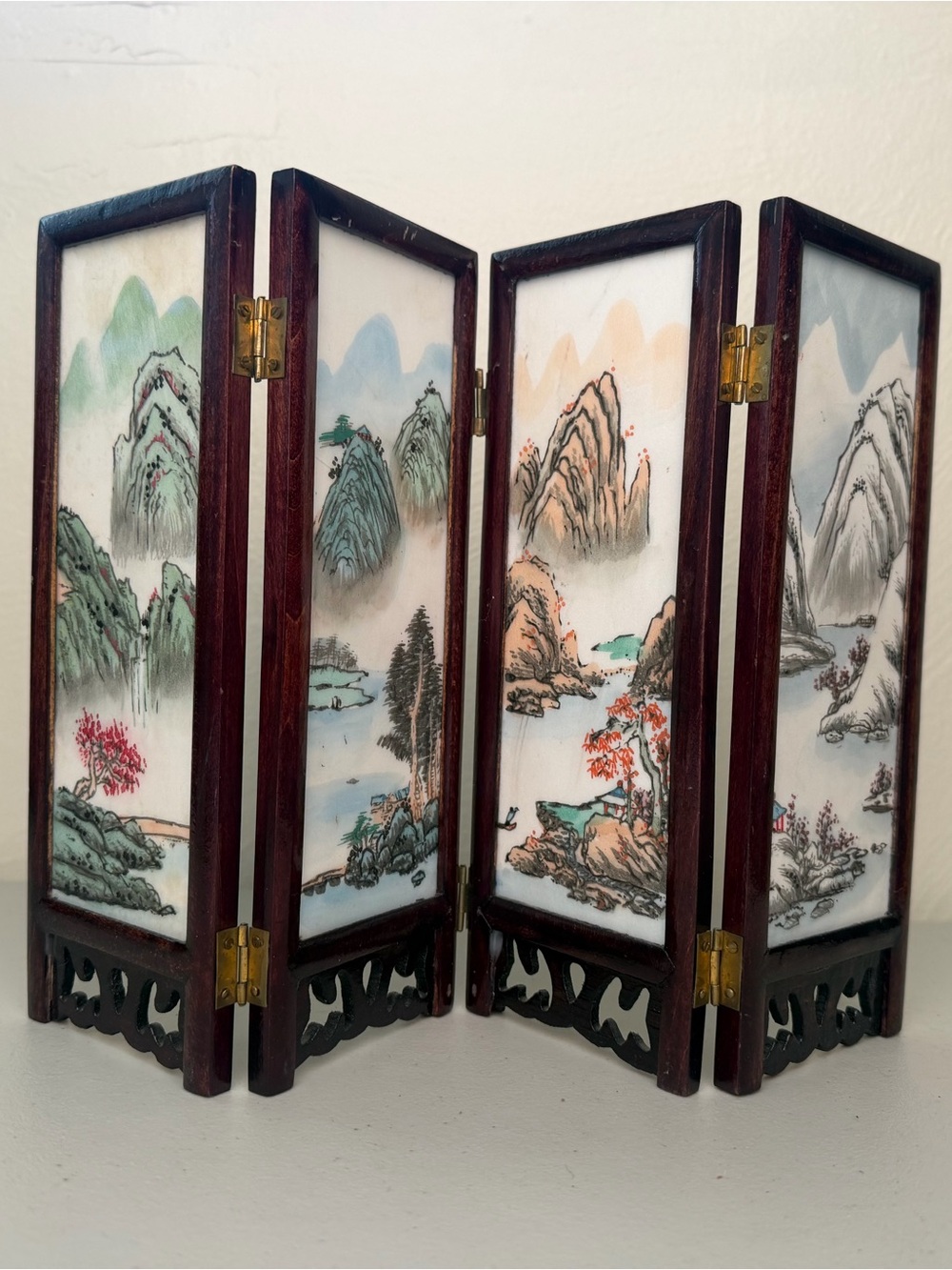 Vintage Asian Tabletop Wood Folding Screen Panels Hand Painted Mountains Birds